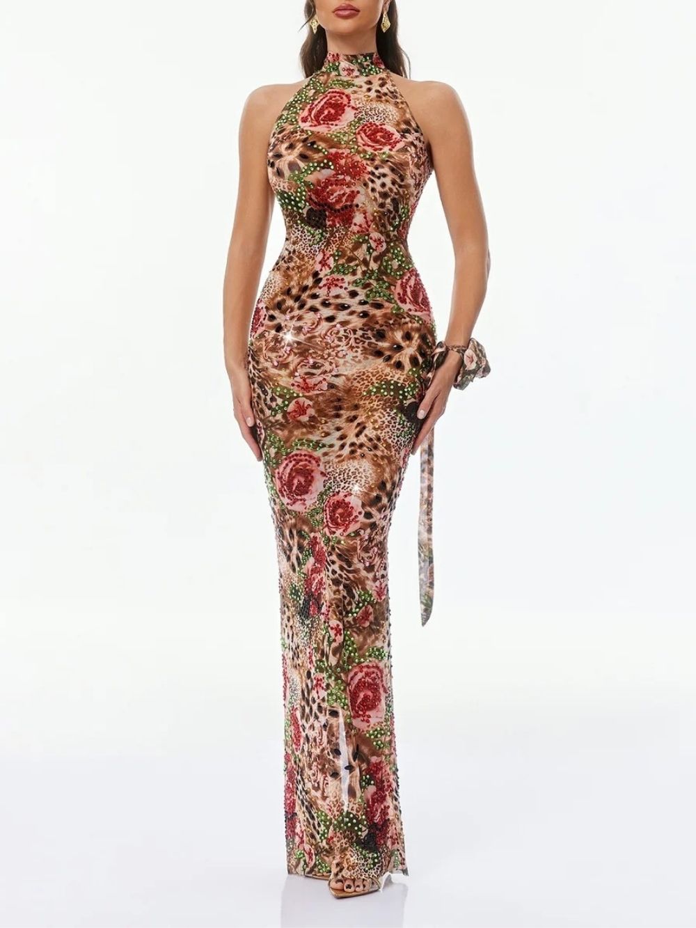 Gemala Halterneck Printed Rhinestone Dress - OWNCI Gemala Halterneck Printed Rhinestone Dress - OWNCI