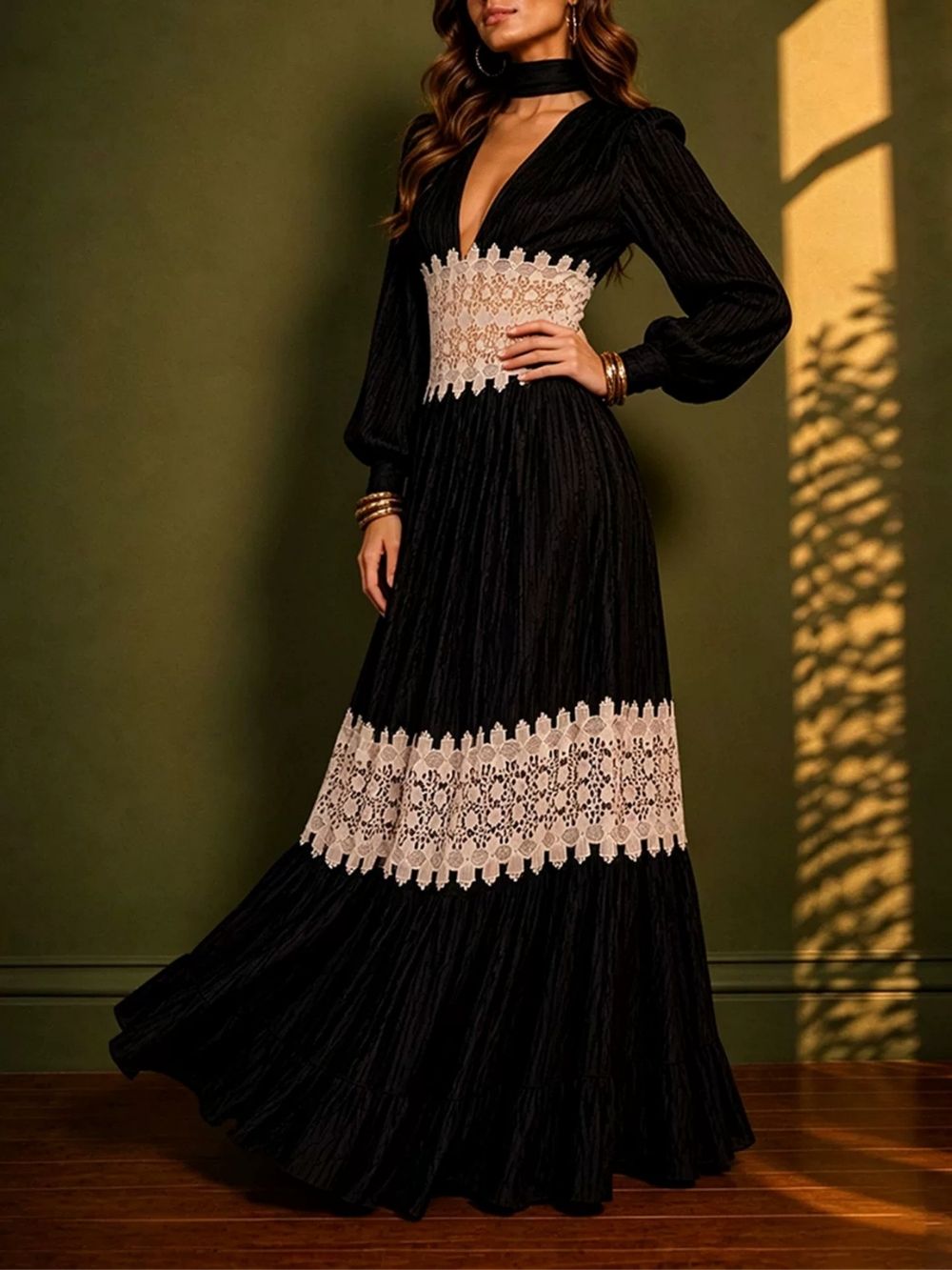 5117387029106d80a61a32c6034dffc9 Mance Black Long Sleeve Lace Maxi Dress