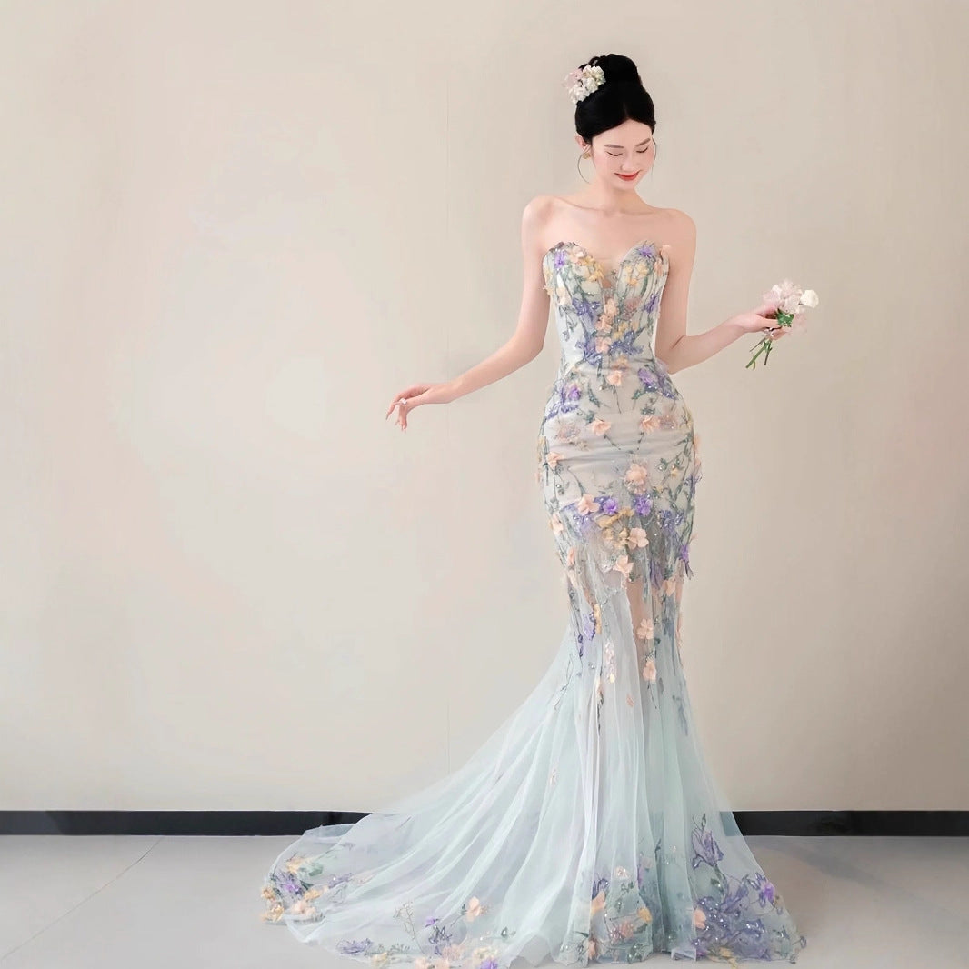 Strapless Pastel 3D Floral Tulle Mermaid Gown With Train - OWNCI Strapless Pastel 3D Floral Tulle Mermaid Gown With Train - OWNCI
