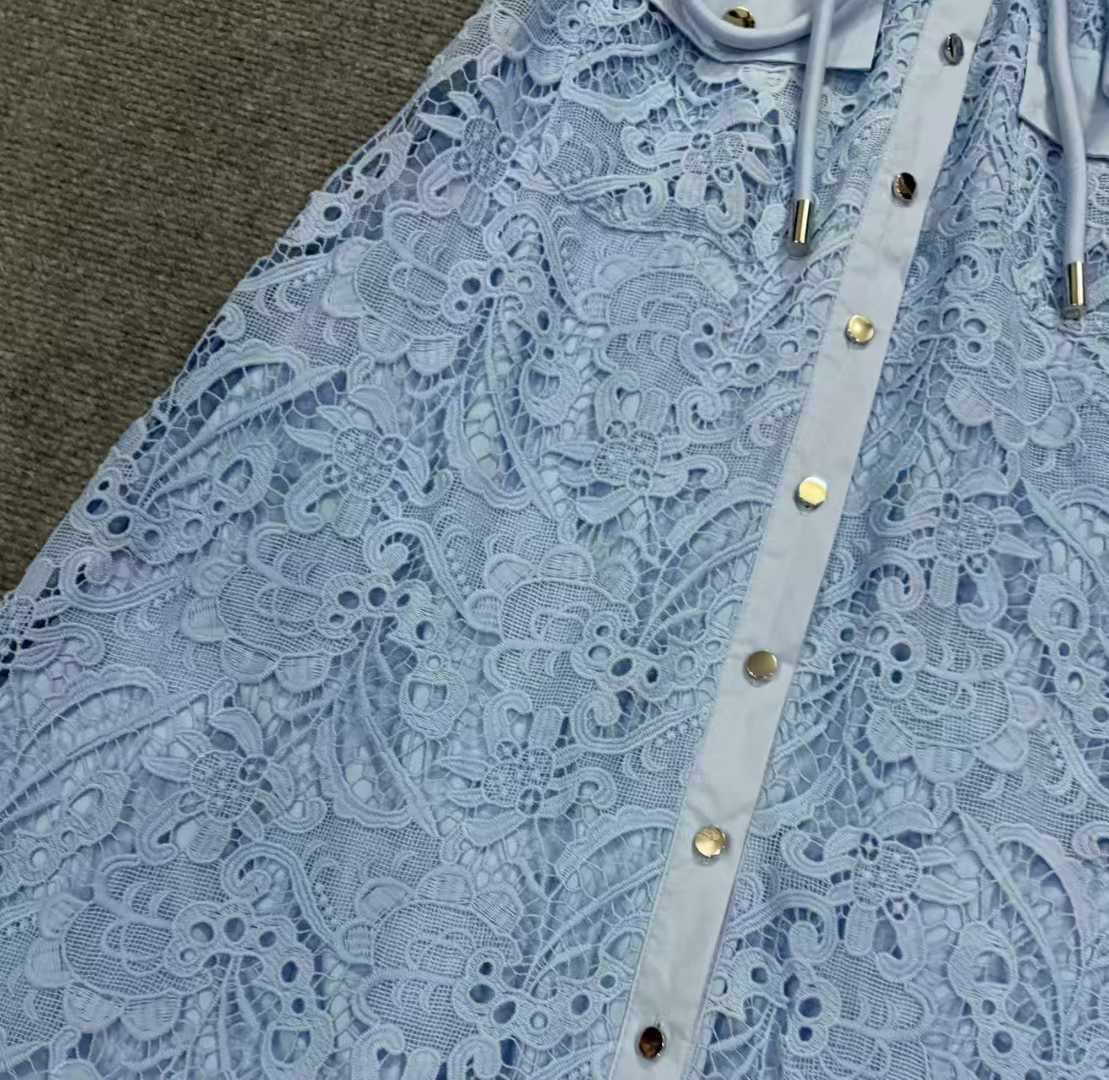 Sky Blue Sleeveless Tie Neck Cargo Pocket Floral Lace Midi Shirt Dress - OWNCI Sky Blue Sleeveless Tie Neck Cargo Pocket Floral Lace Midi Shirt Dress - OWNCI
