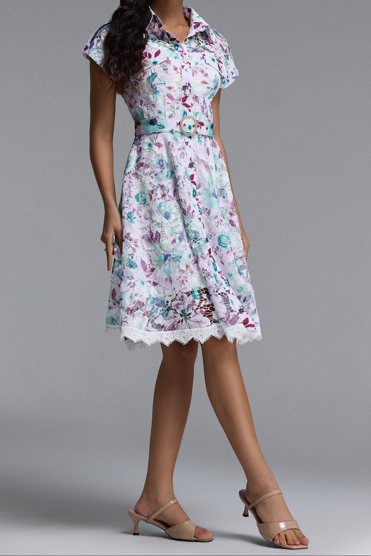 Pastel Floral Lace Collared Fit & Flare Midi Dress with Belt - OWNCI Pastel Floral Lace Collared Fit & Flare Midi Dress with Belt - OWNCI