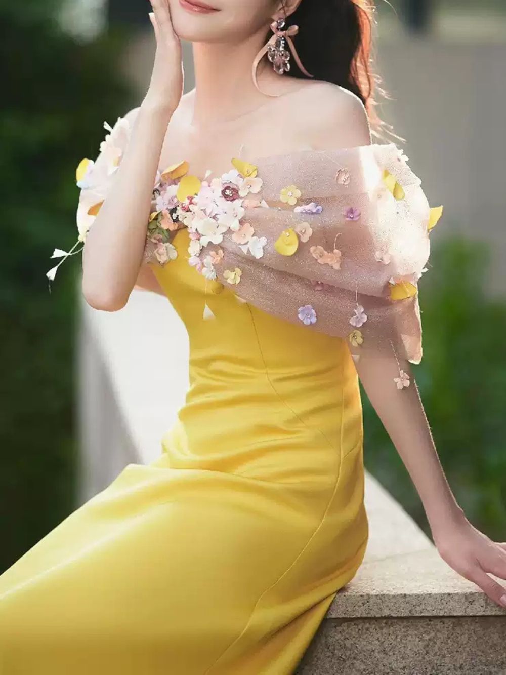 Bright Yellow Satin Strapless Maxi Gown With 3D Colorful Floral Tulle Bust - OWNCI Bright Yellow Satin Strapless Maxi Gown With 3D Colorful Floral Tulle Bust - OWNCI
