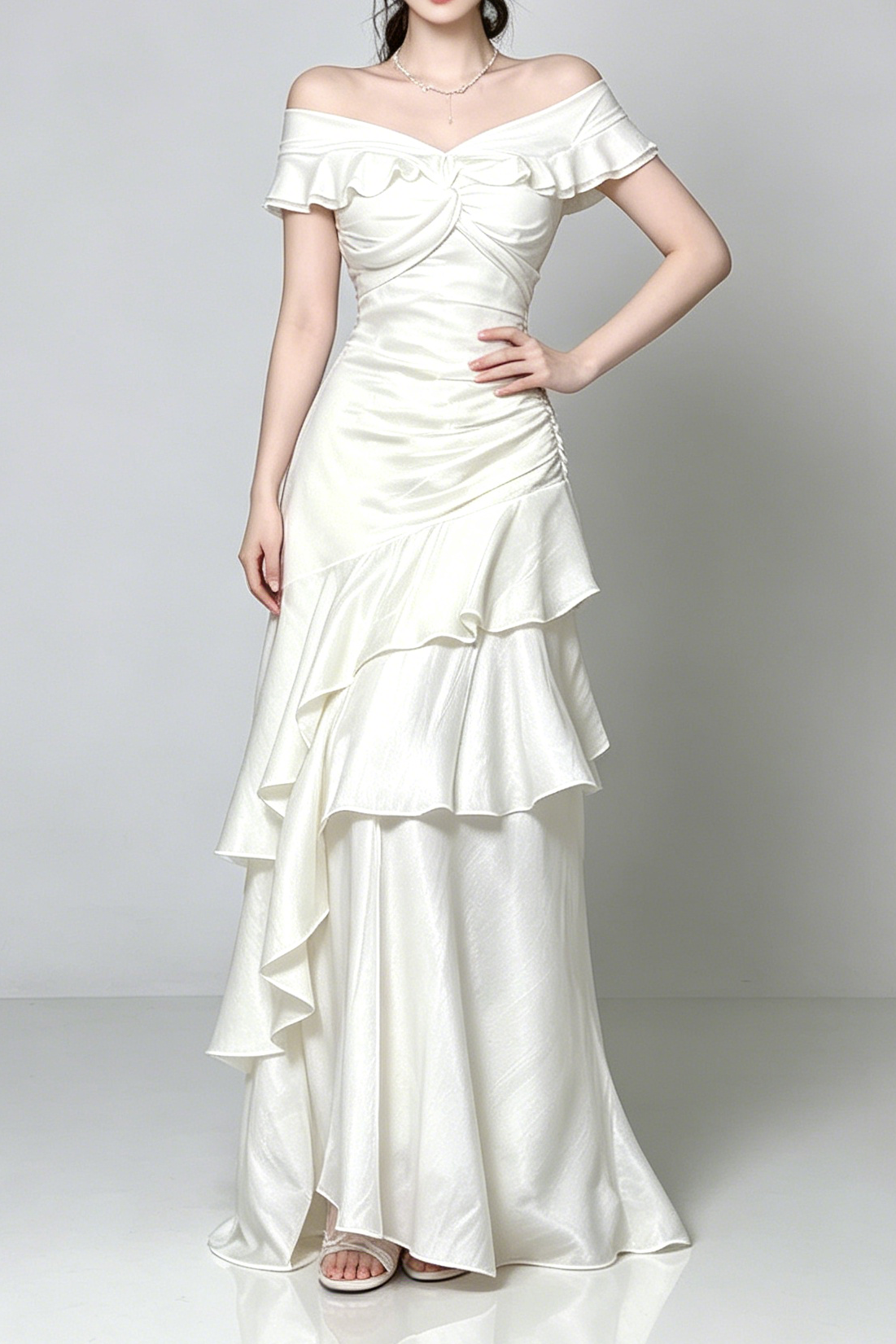 Off Shoulder Twist Ruched Tiered Ruffle Satin Maxi Dress - OWNCI