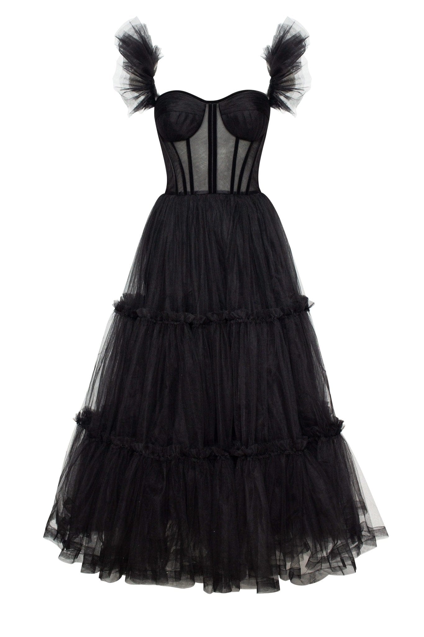 542d69dac22bbdcff757d01430504edf Black Ruffled Tulle Midi Dress