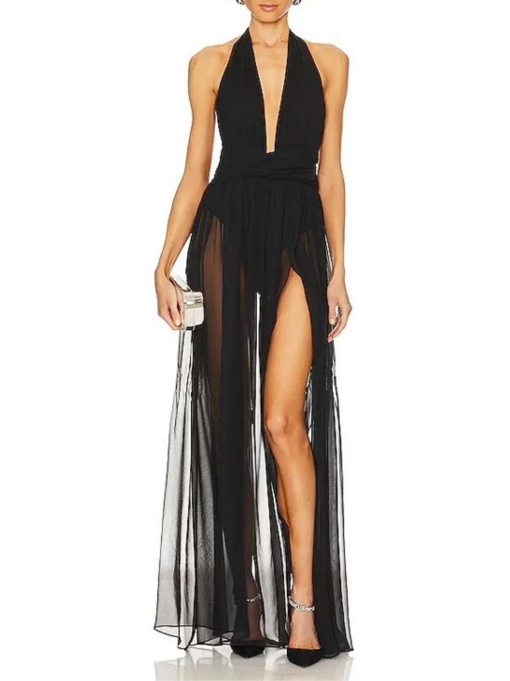 Mascara Black Halter Mesh Maxi Dress - OWNCI Mascara Black Halter Mesh Maxi Dress - OWNCI