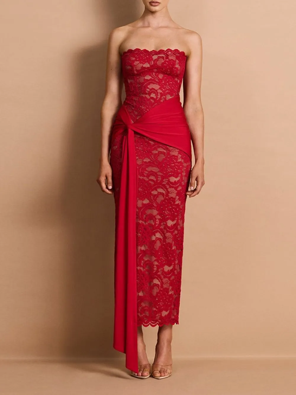 Marianna Red Strapless Lace Maxi Dress - OWNCI