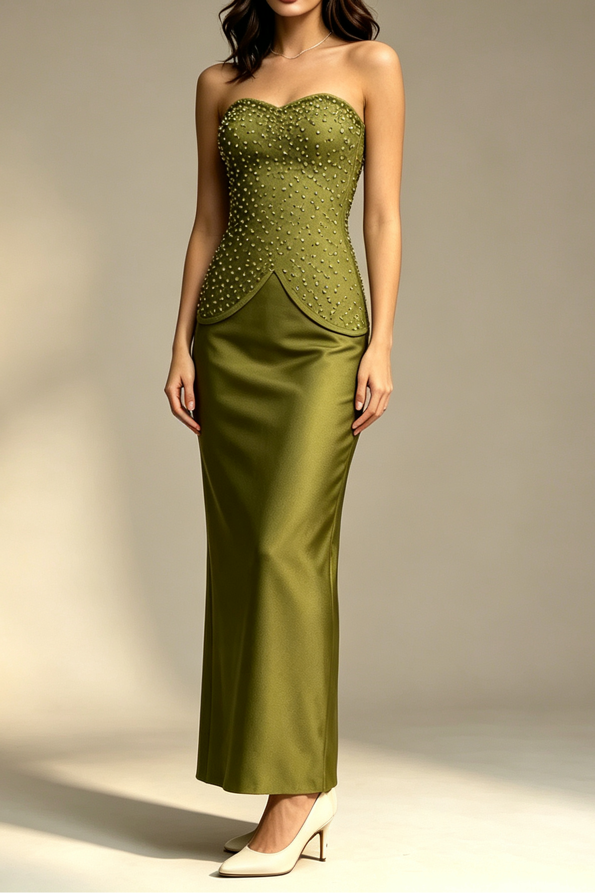 Olive Green Strapless Sweetheart Full Rhinestone Beaded Peplum Waist Mermaid Floor Length Formal Gown - OWNCI