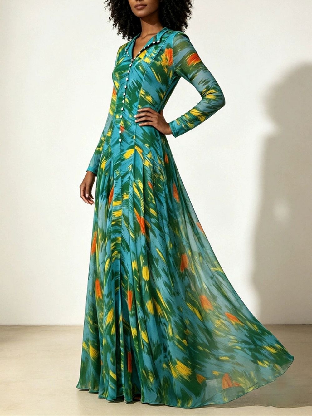 Maribeth Green Long Sleeve Printed Maxi Dress - OWNCI