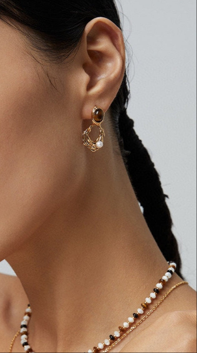 Tiger Eye Stone Pearl Irregular Wavy Hollow Gold Drop Earrings - OWNCI