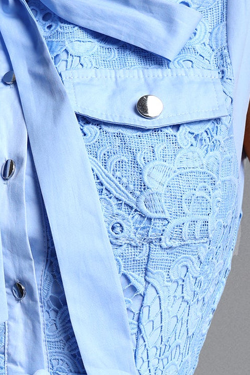 Sky Blue Sleeveless Tie Neck Cargo Pocket Floral Lace Midi Shirt Dress - OWNCI Sky Blue Sleeveless Tie Neck Cargo Pocket Floral Lace Midi Shirt Dress - OWNCI