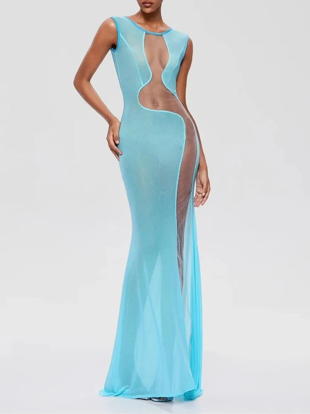 Furaira Sleeveless See Through Maxi Dress In Sky Blue - OWNCI Furaira Sleeveless See Through Maxi Dress In Sky Blue - OWNCI