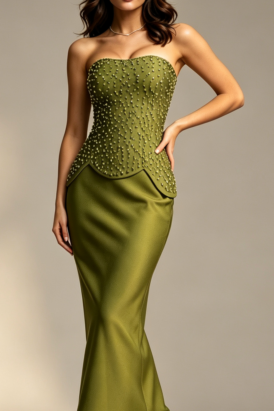 Olive Green Strapless Sweetheart Full Rhinestone Beaded Peplum Waist Mermaid Floor Length Formal Gown - OWNCI