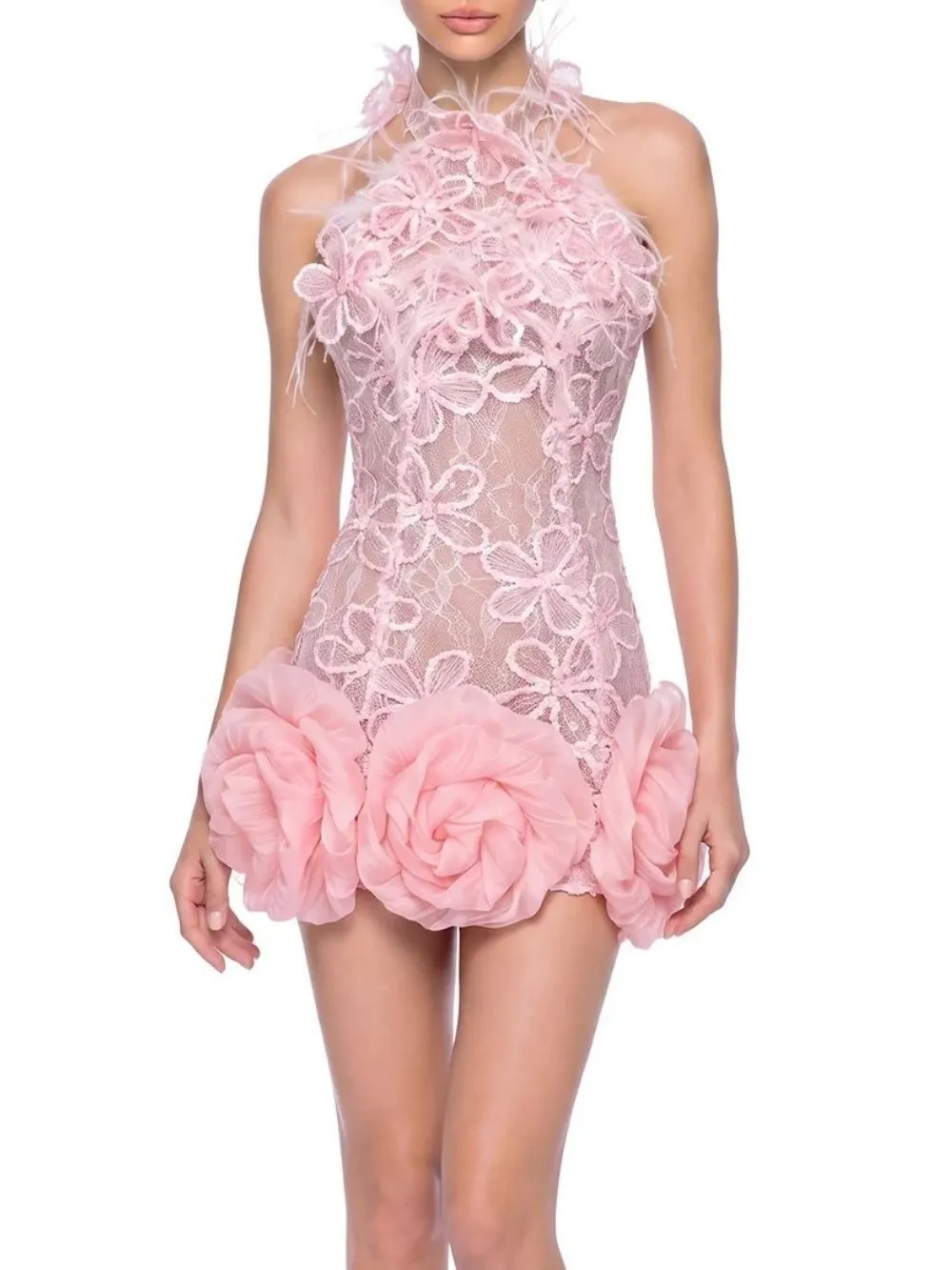 Ulanne Flower Lace Mini Dress In Pink - OWNCI Ulanne Flower Lace Mini Dress In Pink - OWNCI