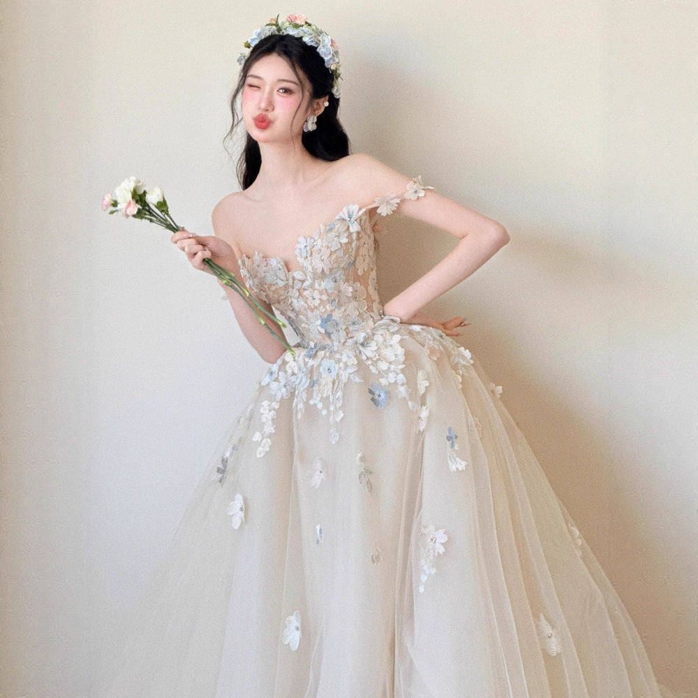 Off Shoulder 3D Floral Tulle Ball Gown Wedding Dress - OWNCI Off Shoulder 3D Floral Tulle Ball Gown Wedding Dress - OWNCI