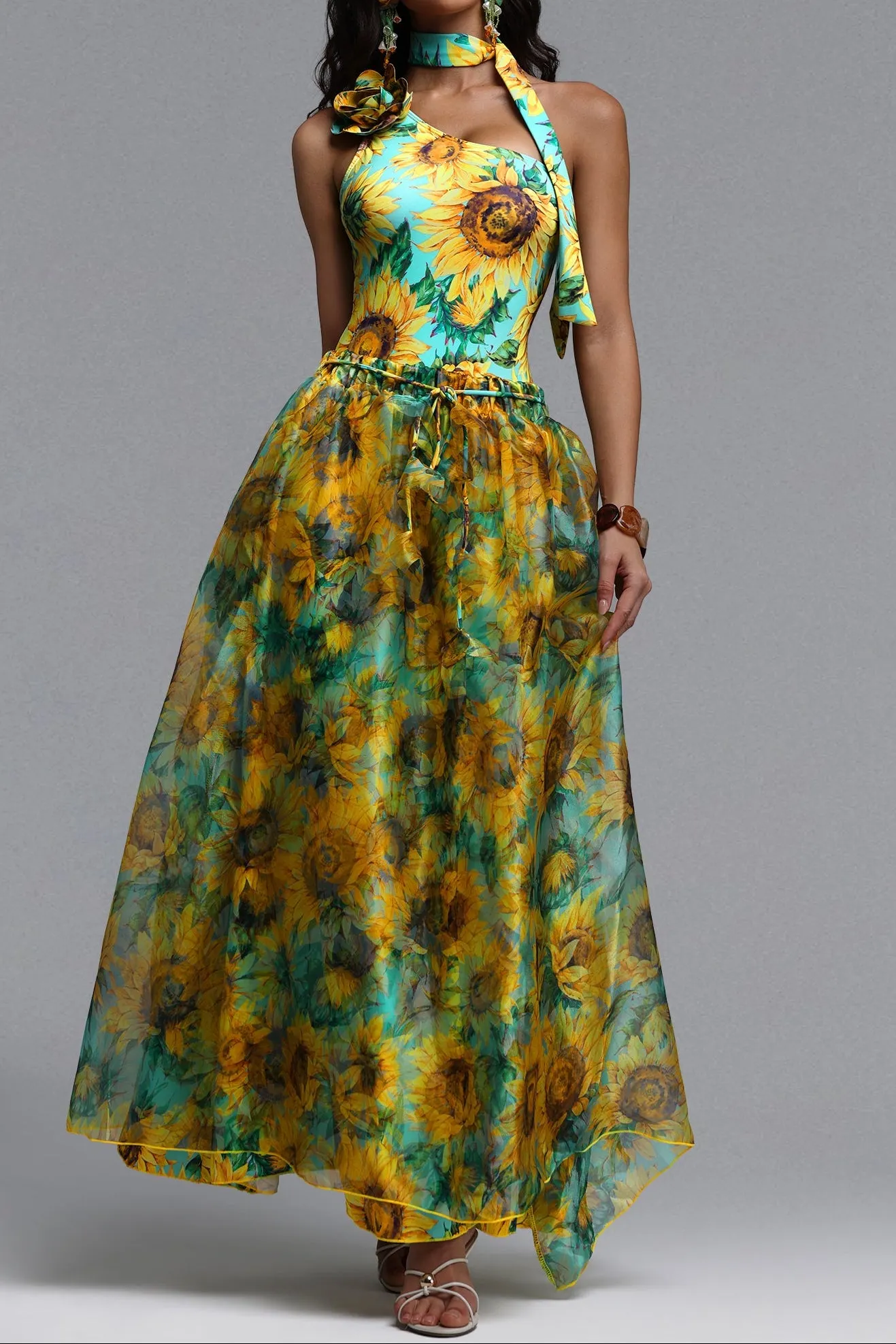 Sunflower Print One Shoulder Halter Choker One-Piece Swimsuit - OWNCI