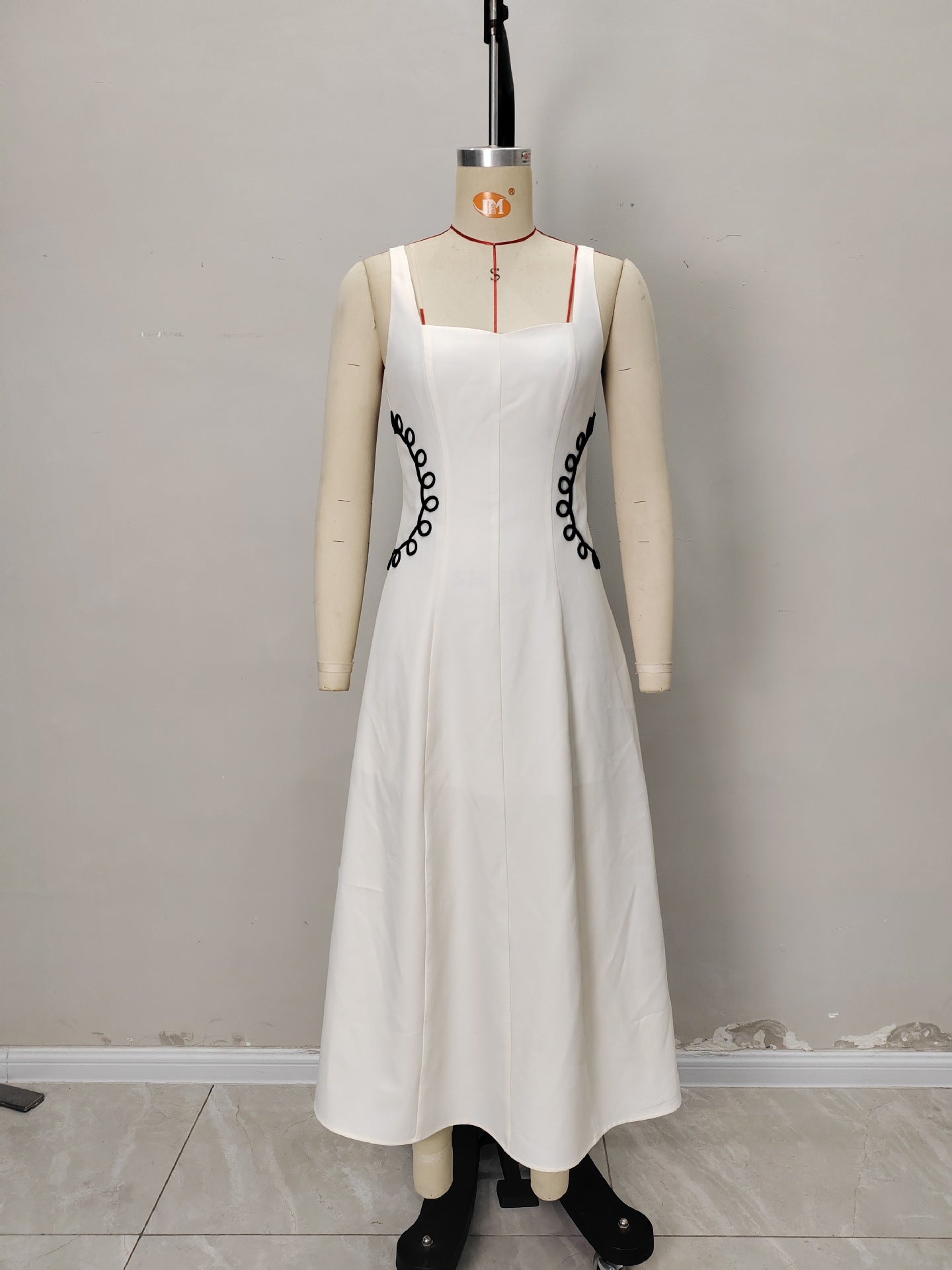 Cream Square Neck Sleeveless Black Loop Embroidery Flared Midi Dress - OWNCI