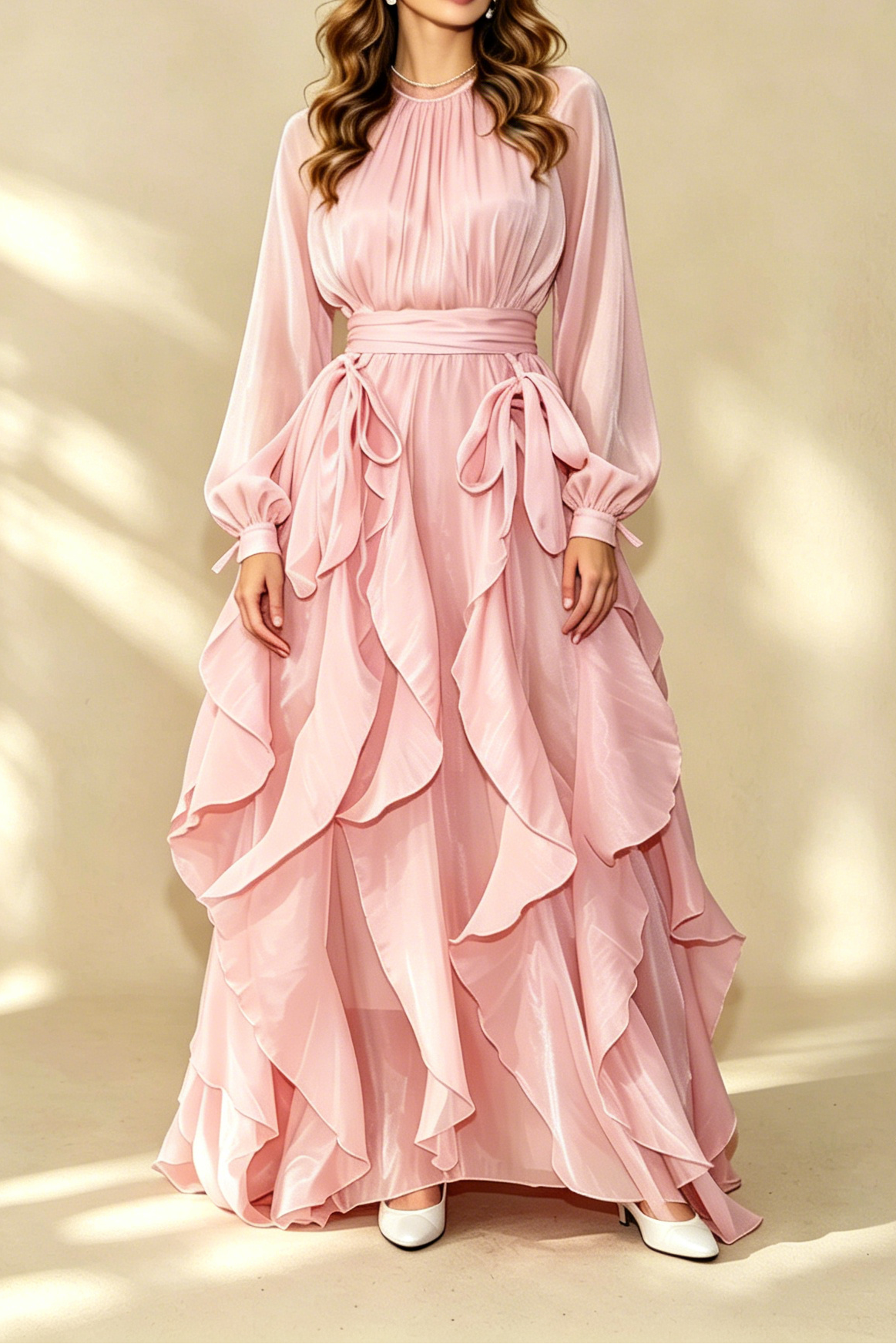 Champagne Shimmer Chiffon High Neck Tie Cuff Ruffled Maxi Gown - OWNCI Champagne Shimmer Chiffon High Neck Tie Cuff Ruffled Maxi Gown - OWNCI