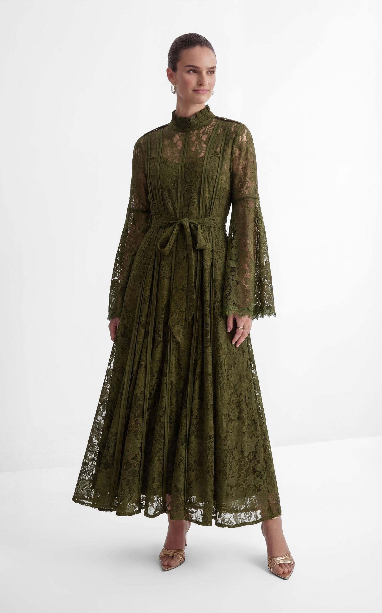 Olive Green Floral Lace High Neck Bell Sleeve Self-Tie Waist Maxi Dress - OWNCI