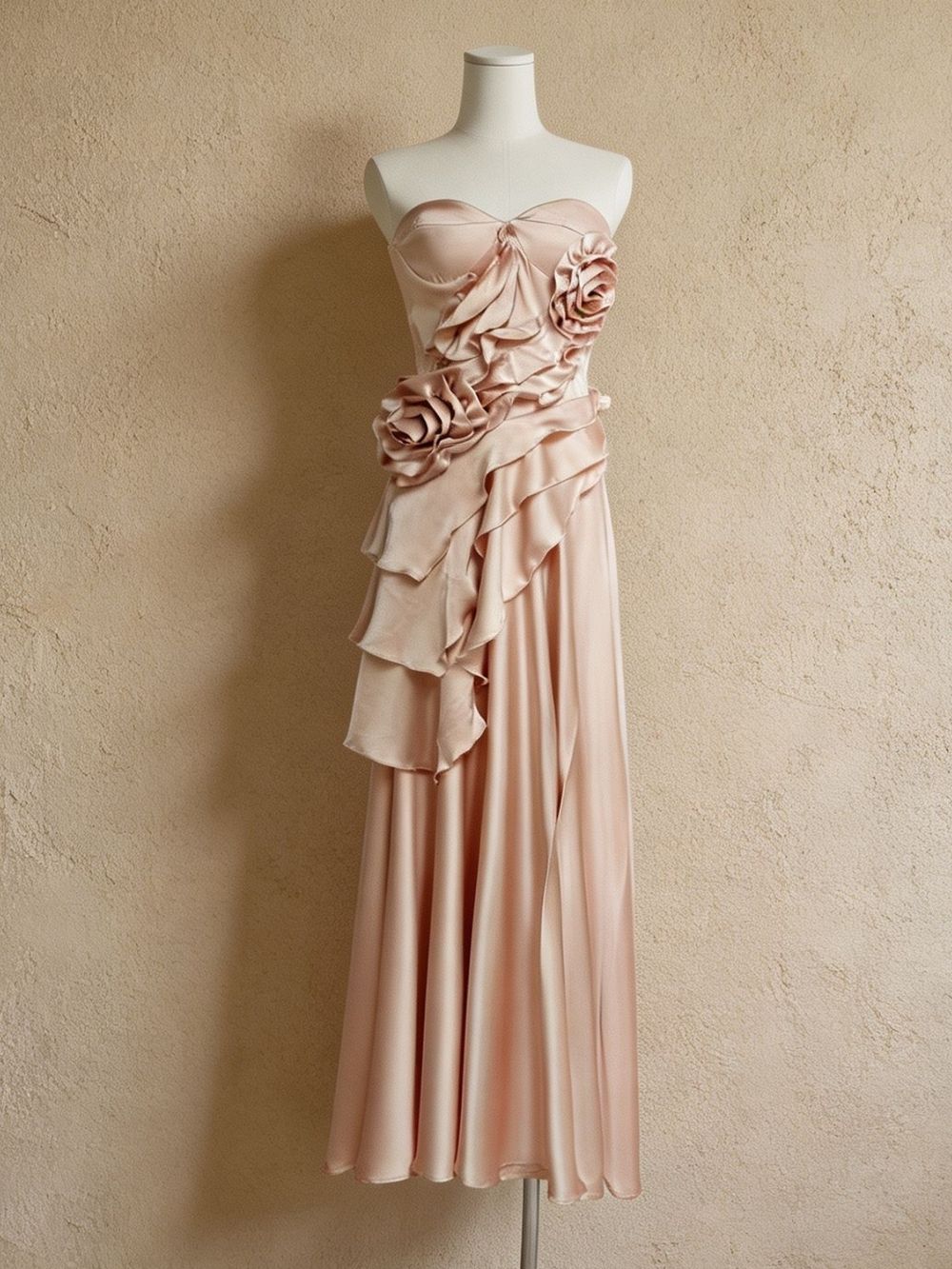 5da2ab0573017c48c155b67f4fc01915 Margielyn Strapless Flower Ruffle Satin Maxi Dress