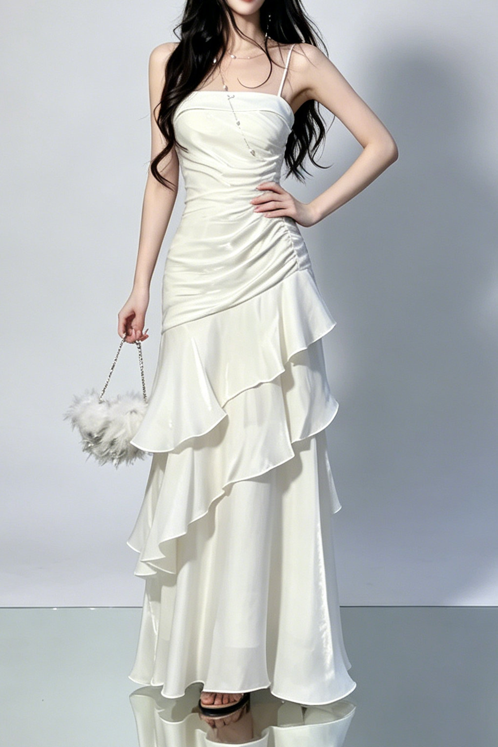 Side Ruched Tiered Ruffle Satin Spaghetti Strap Maxi Dress - OWNCI