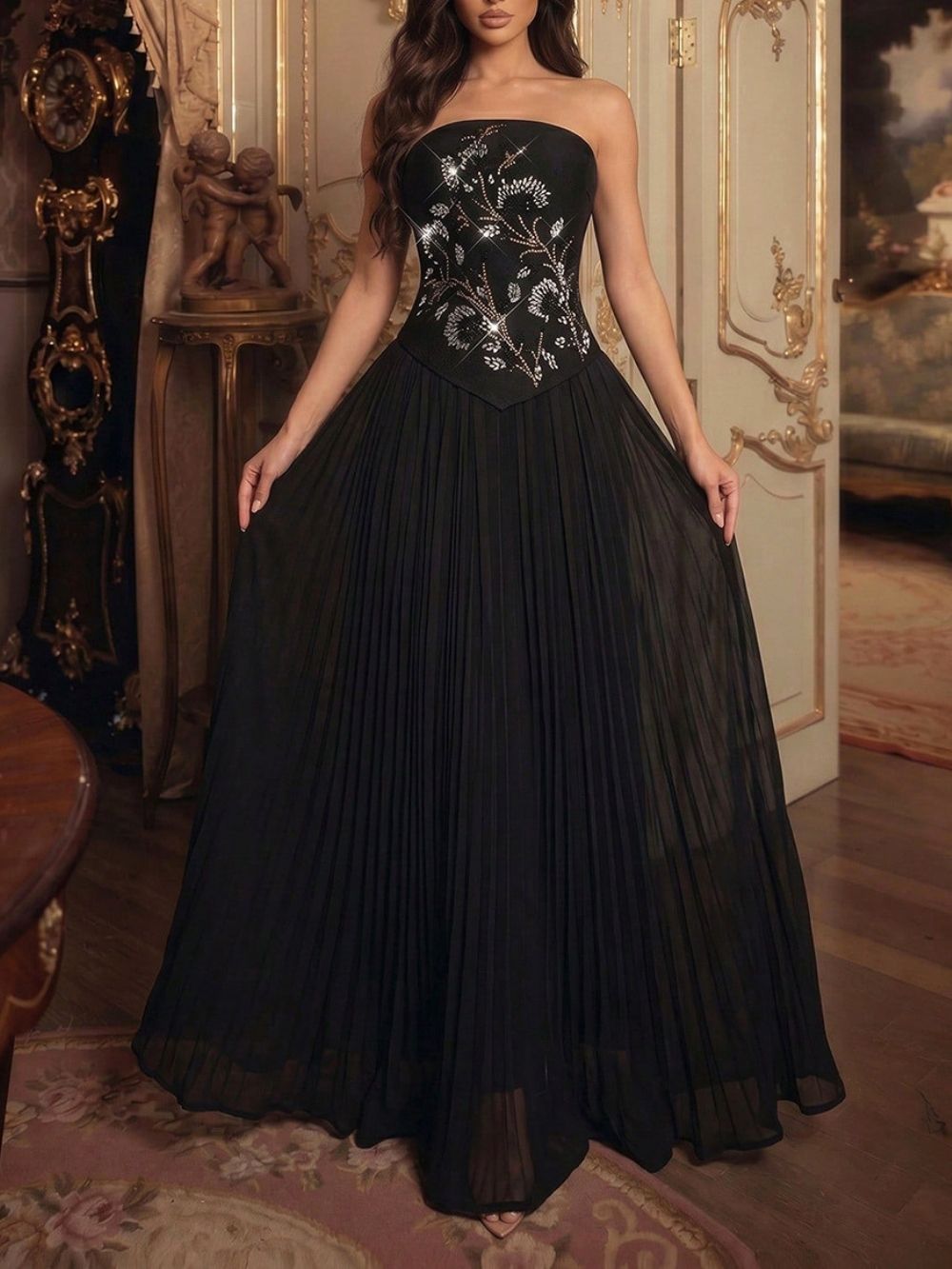Marivel Black Strapless Diamante Top & Pleated Skirt - OWNCI