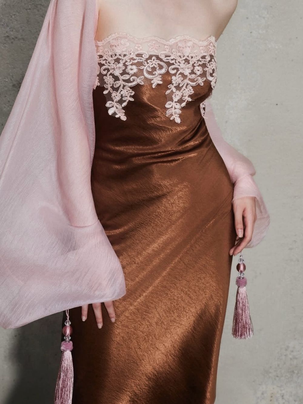 Marnina Strapless Lace Satin Midi Dress - OWNCI
