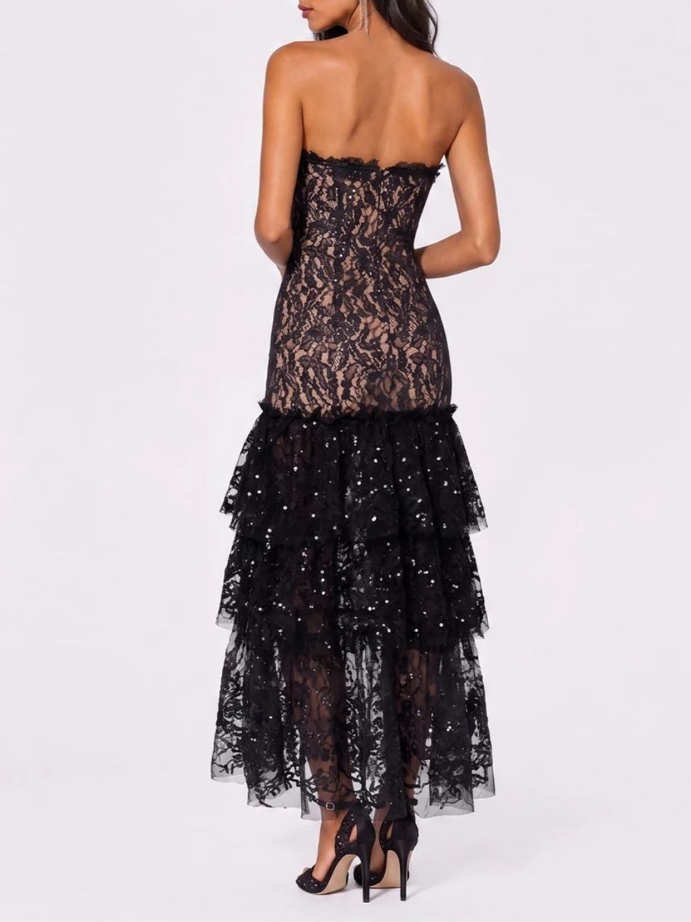 Brinovar Strapless Lace Tiered Maxi Dress - OWNCI