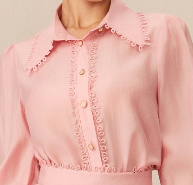 Pink Lace Trim Shirt & 3D Floral Lace Mini Skirt Two-Piece Set - OWNCI Pink Lace Trim Shirt & 3D Floral Lace Mini Skirt Two-Piece Set - OWNCI