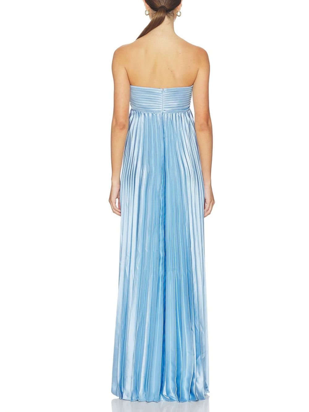 Maryam Blue Satin Strapless Pleated Maxi Dress - OWNCI
