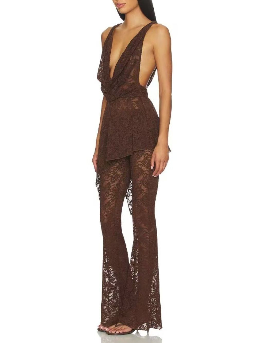 Senora Cowl Neck Lace Flared Pants Set In Coffee - OWNCI Senora Cowl Neck Lace Flared Pants Set In Coffee - OWNCI