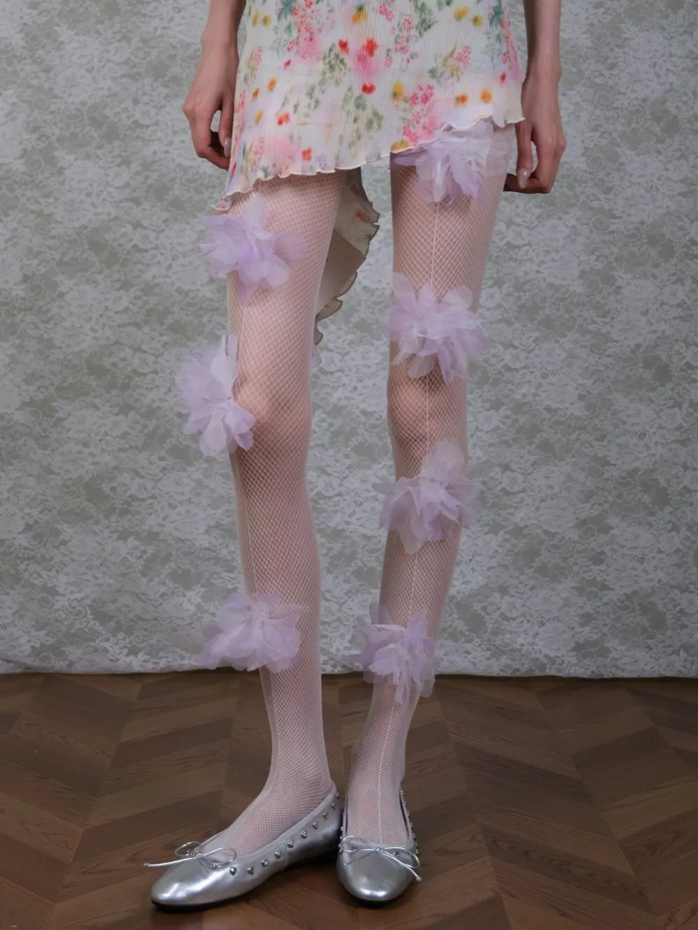 Marsai Purple Flower Embellished Tights - OWNCI