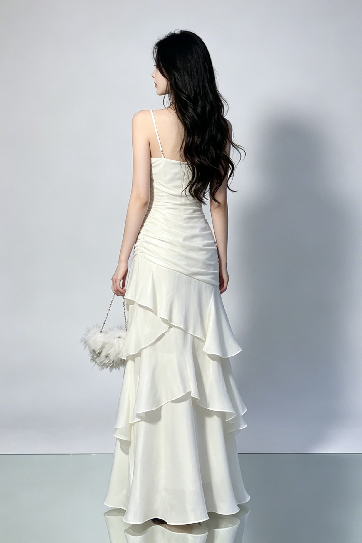 Side Ruched Tiered Ruffle Satin Spaghetti Strap Maxi Dress - OWNCI