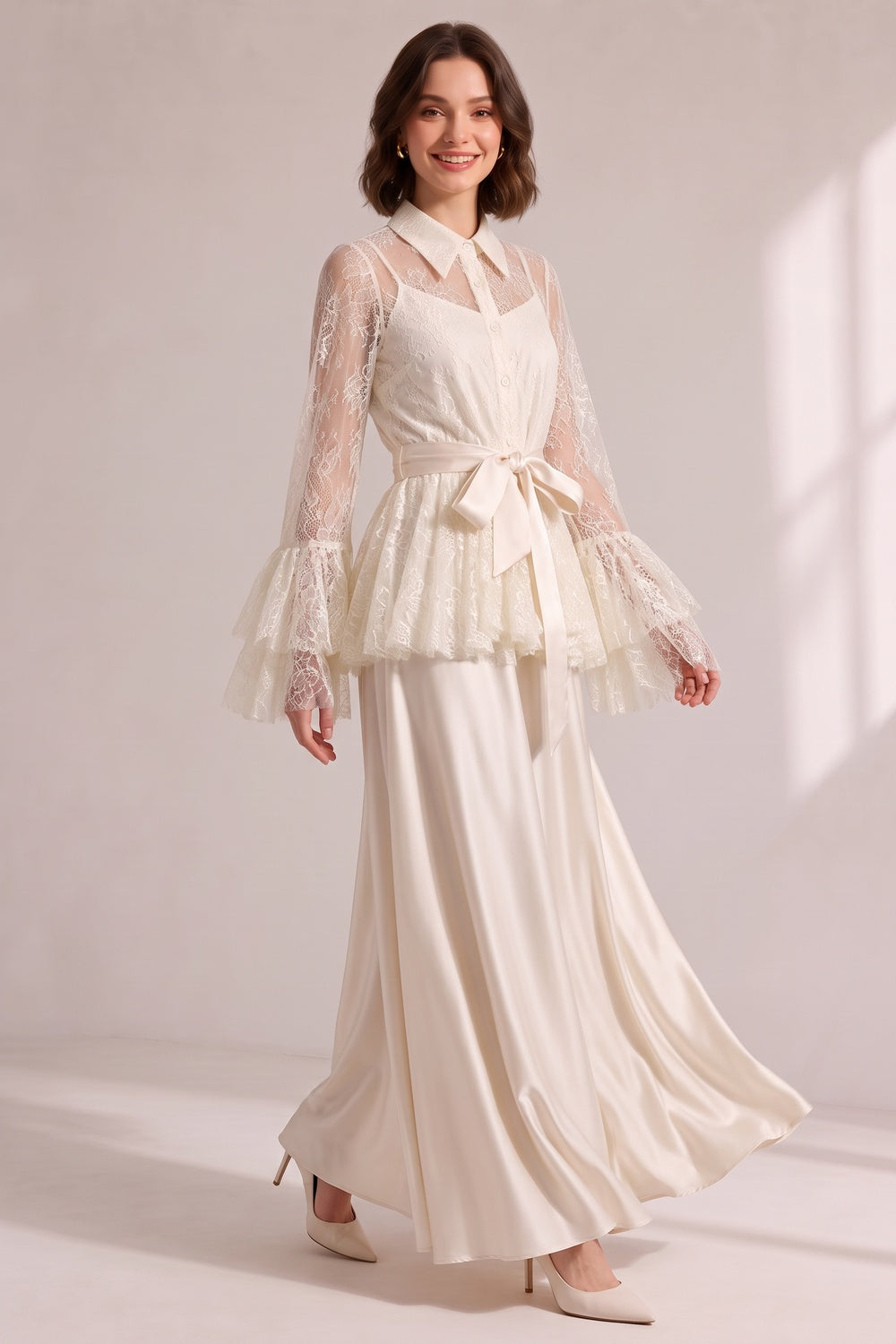Cream Lace Flare Sleeve Shirt Top Satin Cami Sash Belt Wide Leg Maxi Pants Three-Piece Set - OWNCI