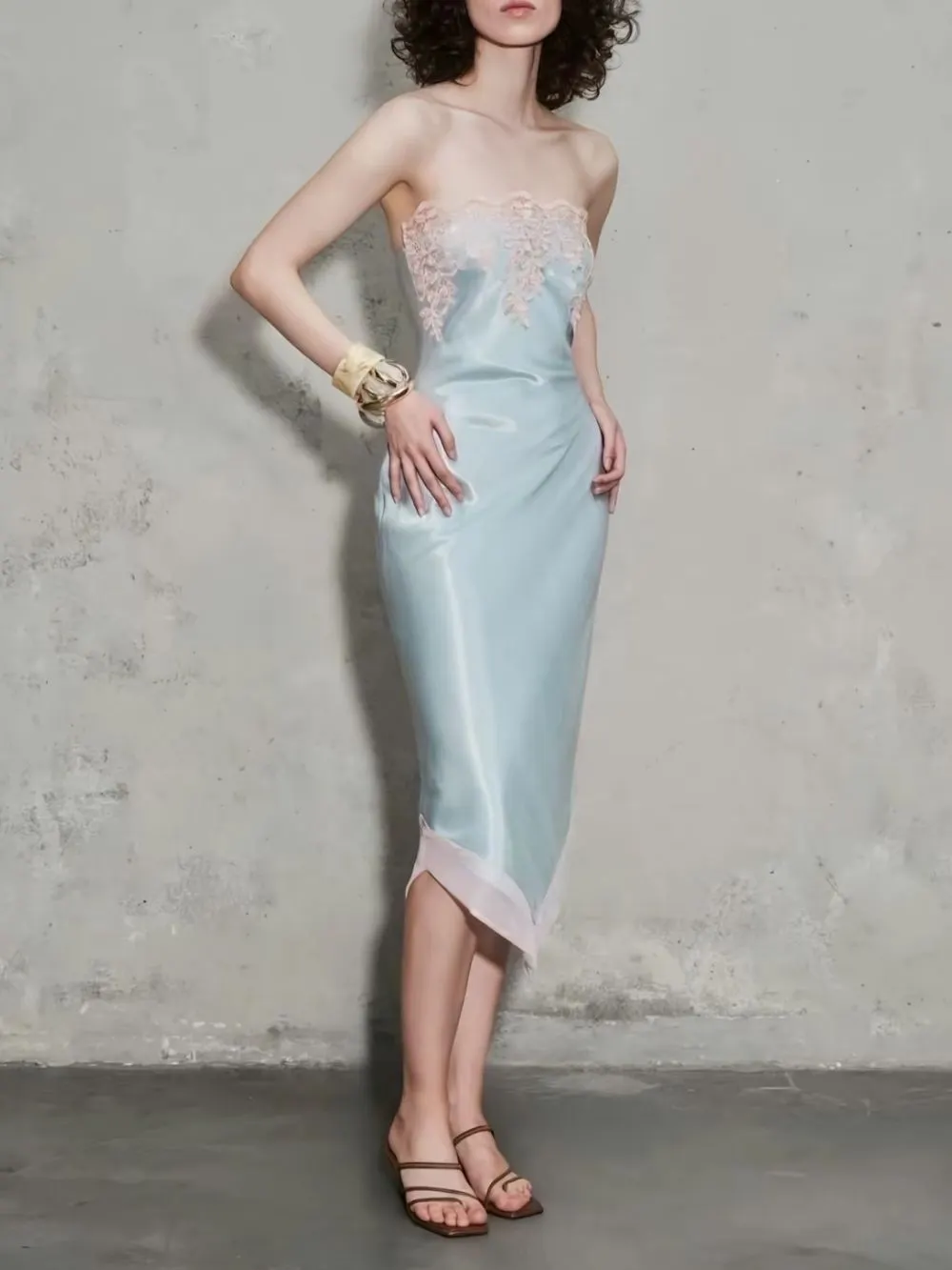 Marnina Strapless Lace Satin Midi Dress - OWNCI