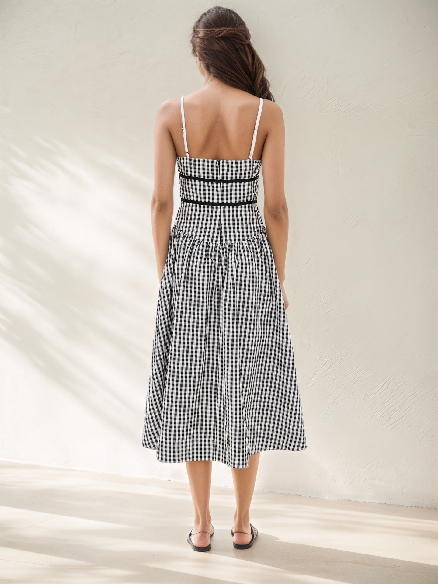 Black White Gingham Ruffle Cami Self-Tie Waist Flowy Midi Dress - OWNCI