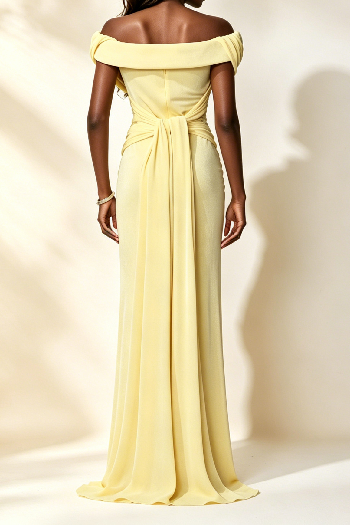 Light Yellow Off Shoulder Ruched Wrap Mermaid Maxi Gown - OWNCI Light Yellow Off Shoulder Ruched Wrap Mermaid Maxi Gown - OWNCI
