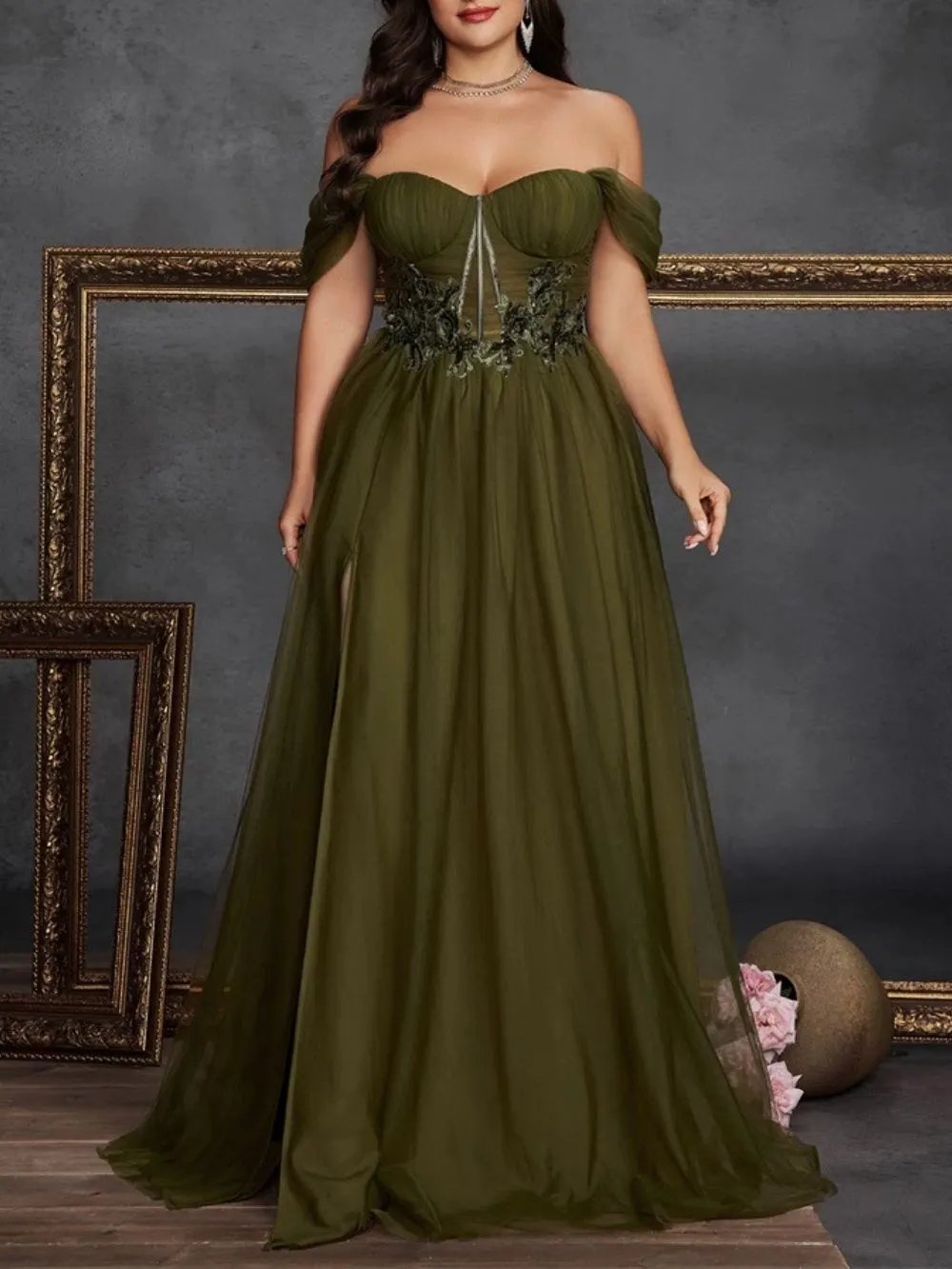 Marella Green Off Shoulder Plus Size Maxi Dress - OWNCI Marella Green Off Shoulder Plus Size Maxi Dress - OWNCI