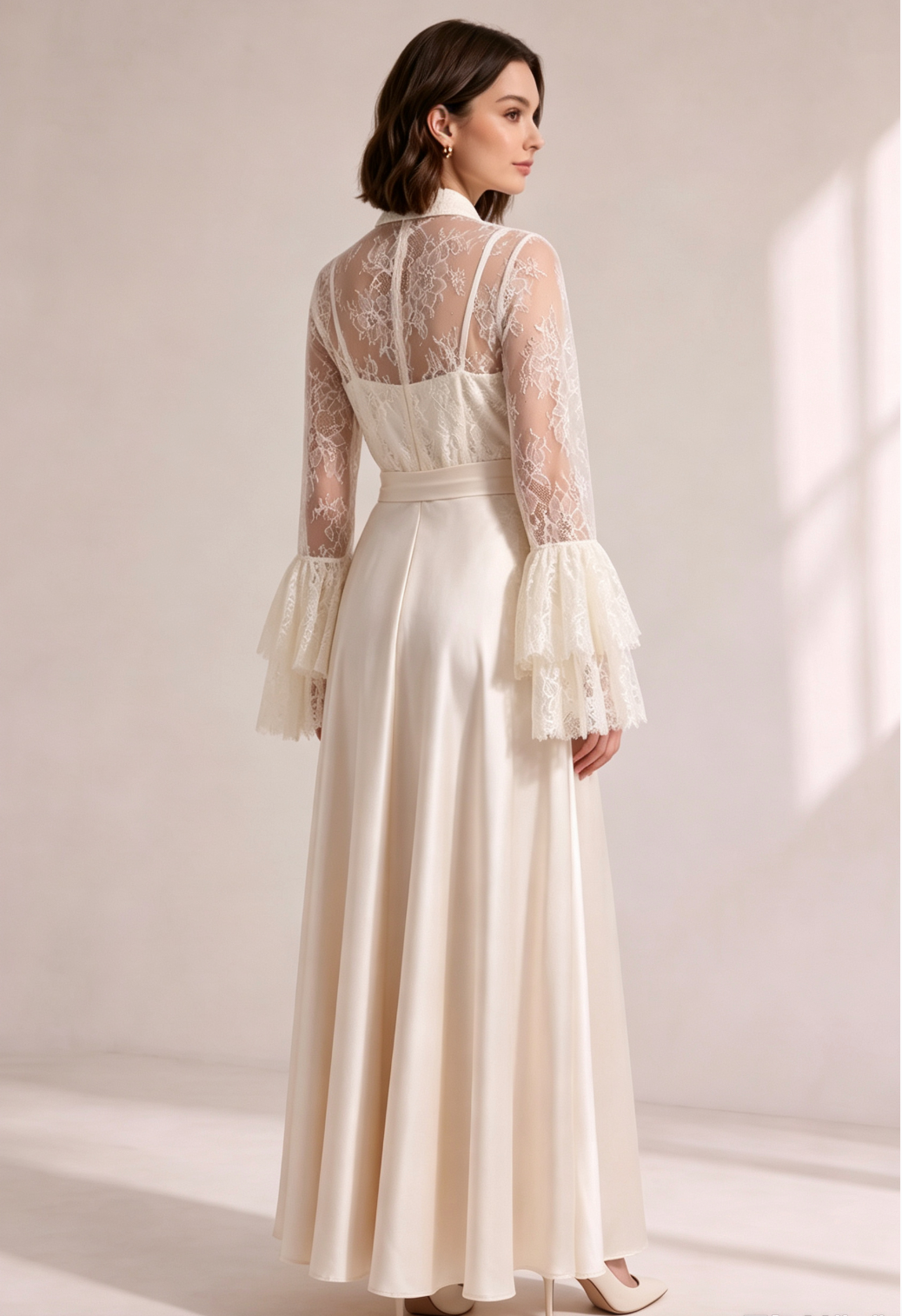 Cream Lace Flare Sleeve Shirt Top Satin Cami Sash Belt Wide Leg Maxi Pants Three-Piece Set - OWNCI