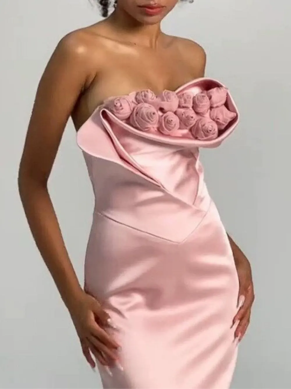 67681a3562fa8b2f991c07780293d913 Manju Pink Strapless Flower Maxi Dress
