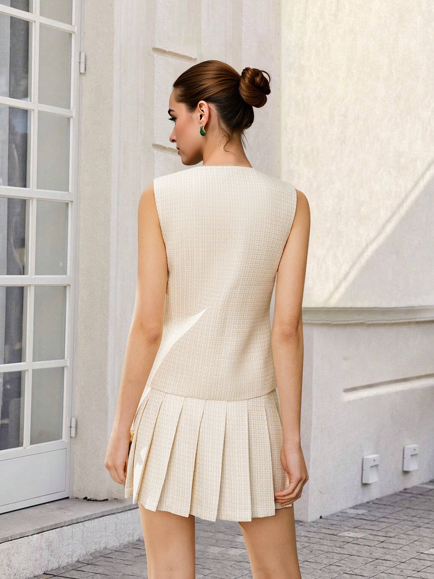 Cream Tweed Round Neck Sleeveless Contrast Trim Vest & Pleated Mini Skirt Two-Piece Set - OWNCI