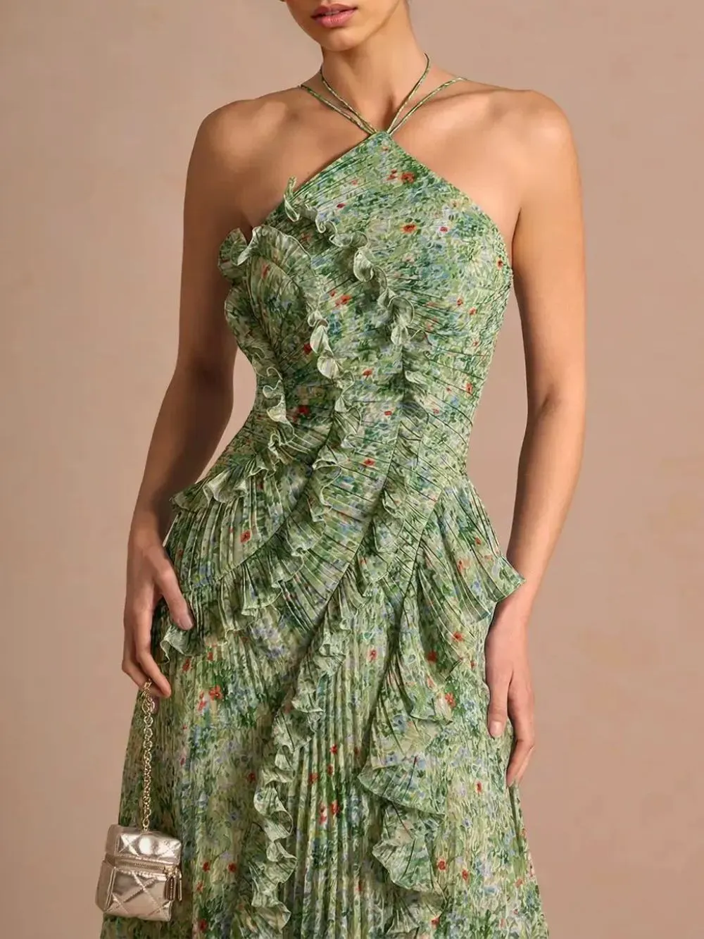 Finneas Green Floral Halter Pleated Maxi Dress - OWNCI