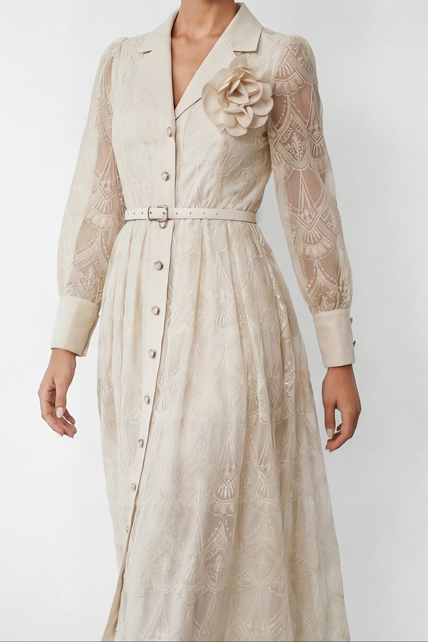 Cream Embroidery Lapel Long Sleeve Belted Midi Shirt Dress With 3D Rose Brooch - OWNCI Cream Embroidery Lapel Long Sleeve Belted Midi Shirt Dress With 3D Rose Brooch - OWNCI