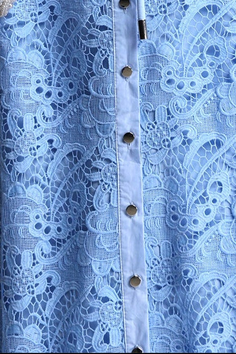 Sky Blue Sleeveless Tie Neck Cargo Pocket Floral Lace Midi Shirt Dress - OWNCI Sky Blue Sleeveless Tie Neck Cargo Pocket Floral Lace Midi Shirt Dress - OWNCI