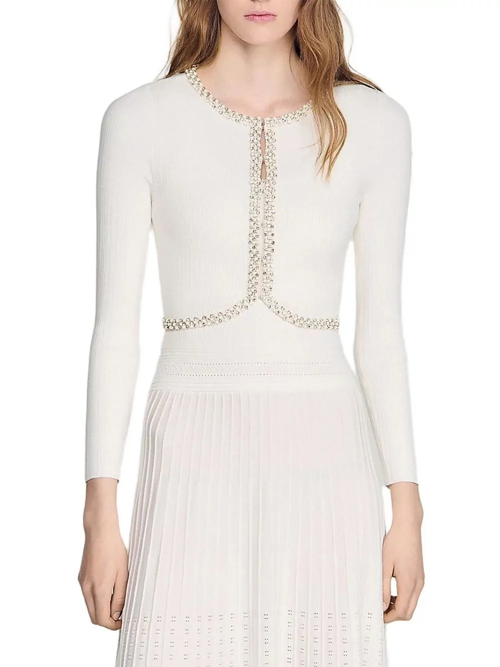 Cropped Pearl and Rhinestone Embellished Cardigan - OWNCI