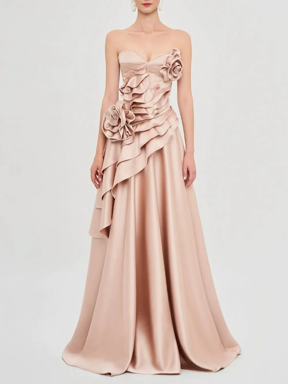 6a25309d8ff1fd2f9222d86173899d1f Margielyn Strapless Flower Ruffle Satin Maxi Dress