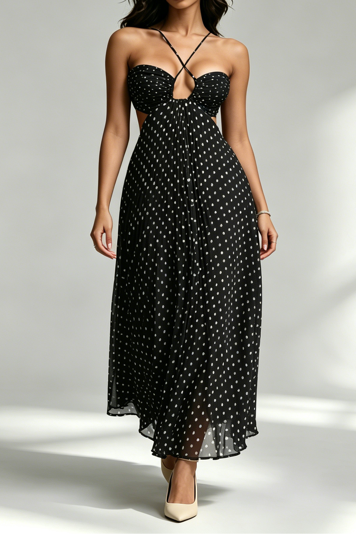 Black White Polka Dot Crisscross Strappy Cutout Pleated Midi Dress - OWNCI