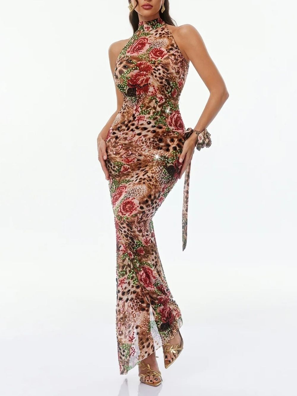 Gemala Halterneck Printed Rhinestone Dress - OWNCI Gemala Halterneck Printed Rhinestone Dress - OWNCI