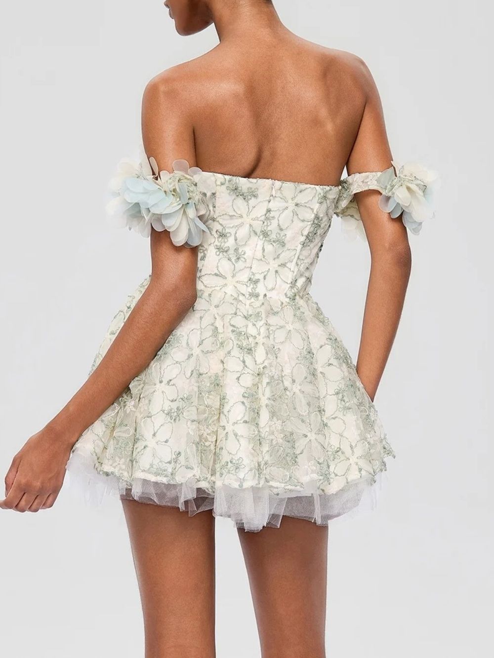 Fredrica Off Shoulder Flower Sequin Mini Dress - OWNCI