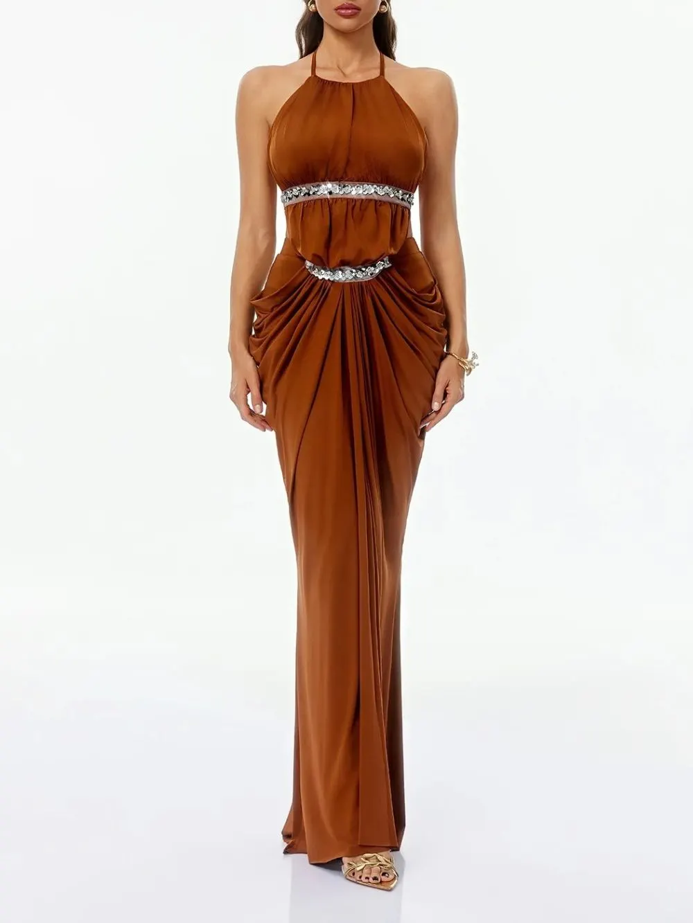 Haxorin Halterneck Sequin Ruched Maxi Dress - OWNCI Haxorin Halterneck Sequin Ruched Maxi Dress - OWNCI