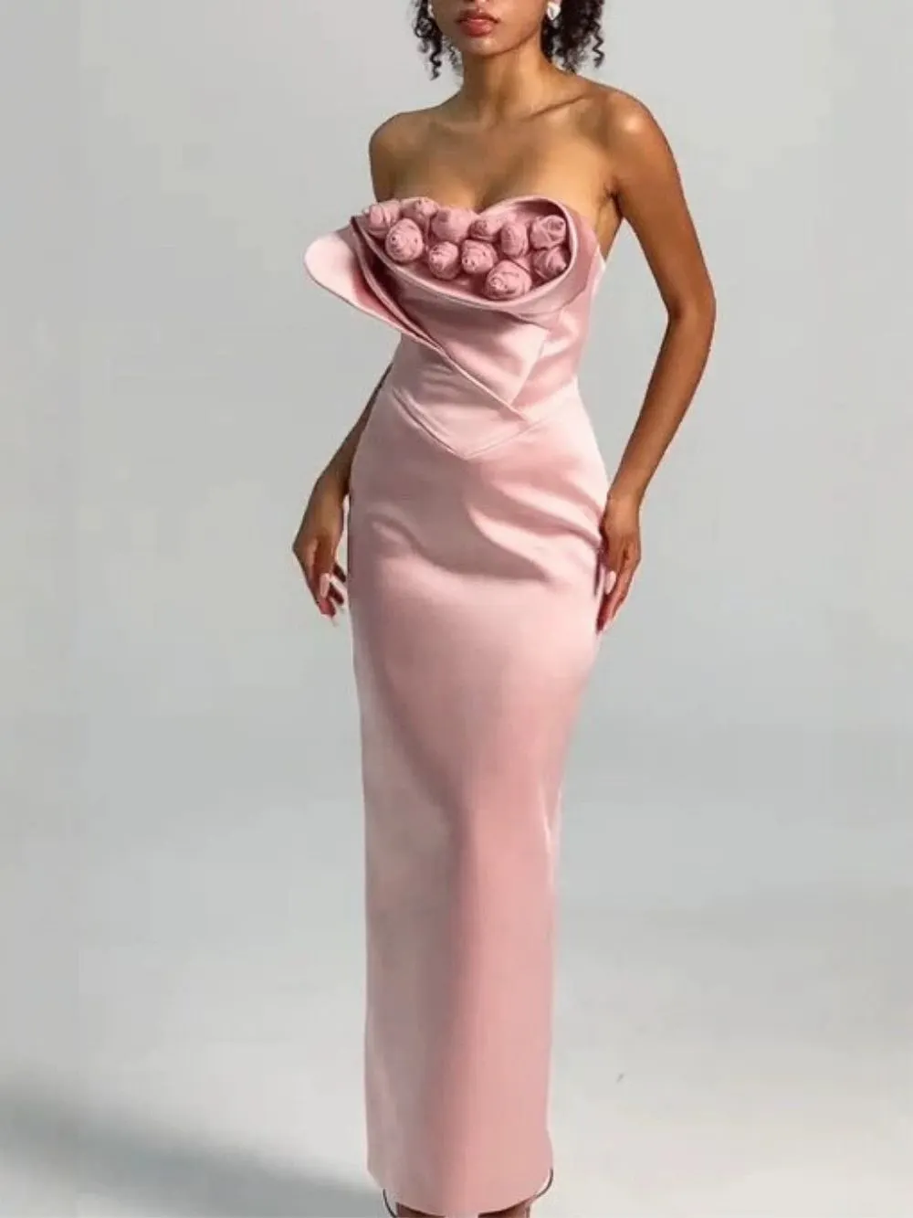7020c6d46cd74fbcf3330541ca018c38 Manju Pink Strapless Flower Maxi Dress